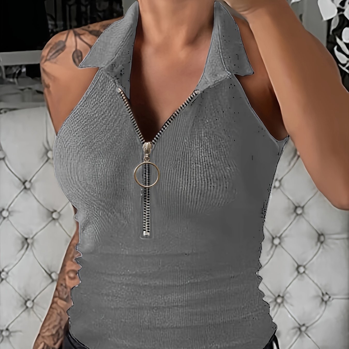 Polera Sin Mangas Ribbed con Cierre - Verano Casual