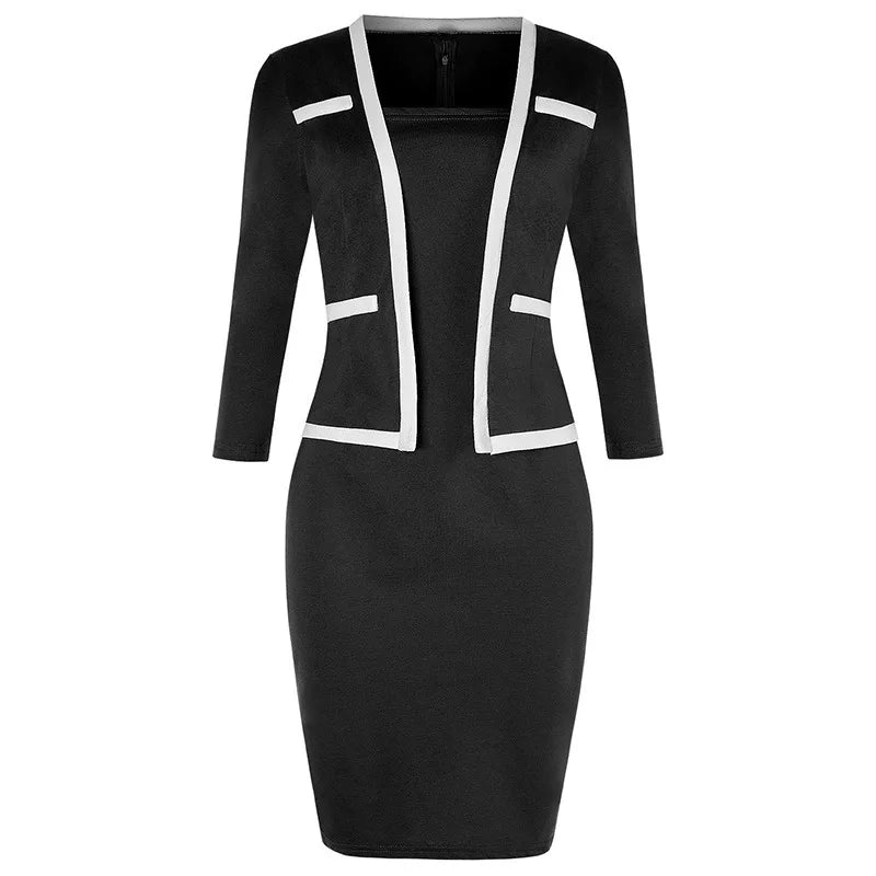 Pencil Dress - Square Collar Three Quarter Sleeve