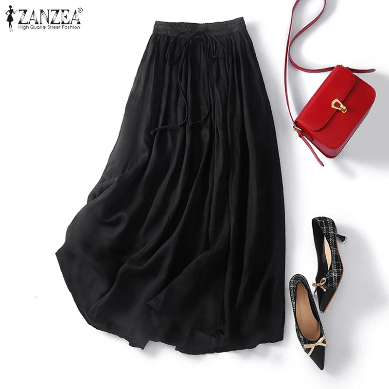 ZANZEA Elegant Faldas Flowy A-line Pleated Skirt 2024 Casual Women Elastic Waist Skirts Party Loose High Waist Solid Maxi Skirt