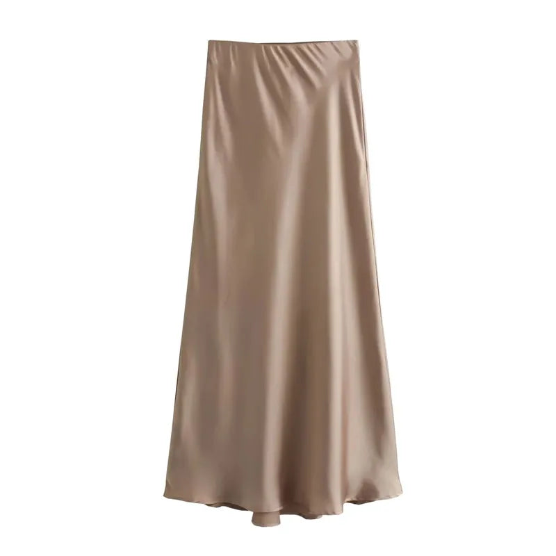Satin Long Skirt - High Waist Draped Midi
