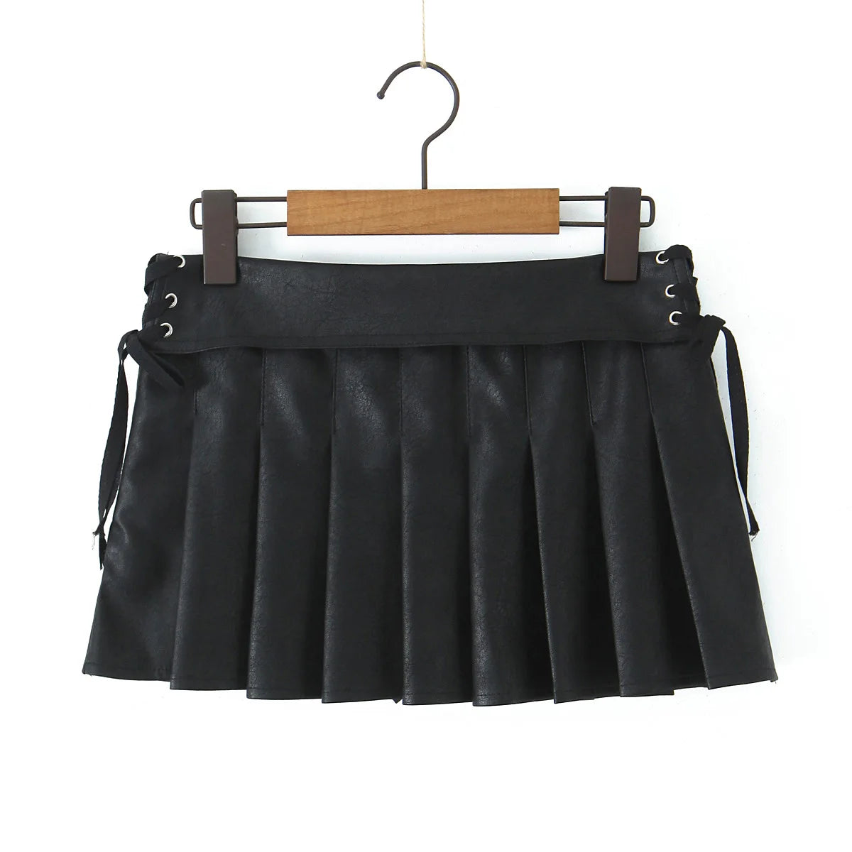 Y2K PU Leather Pleated Mini Skirt With Shorts lining Sexy Metal eyelets Cross Bandage Low Waist Short Skater Coffee Black