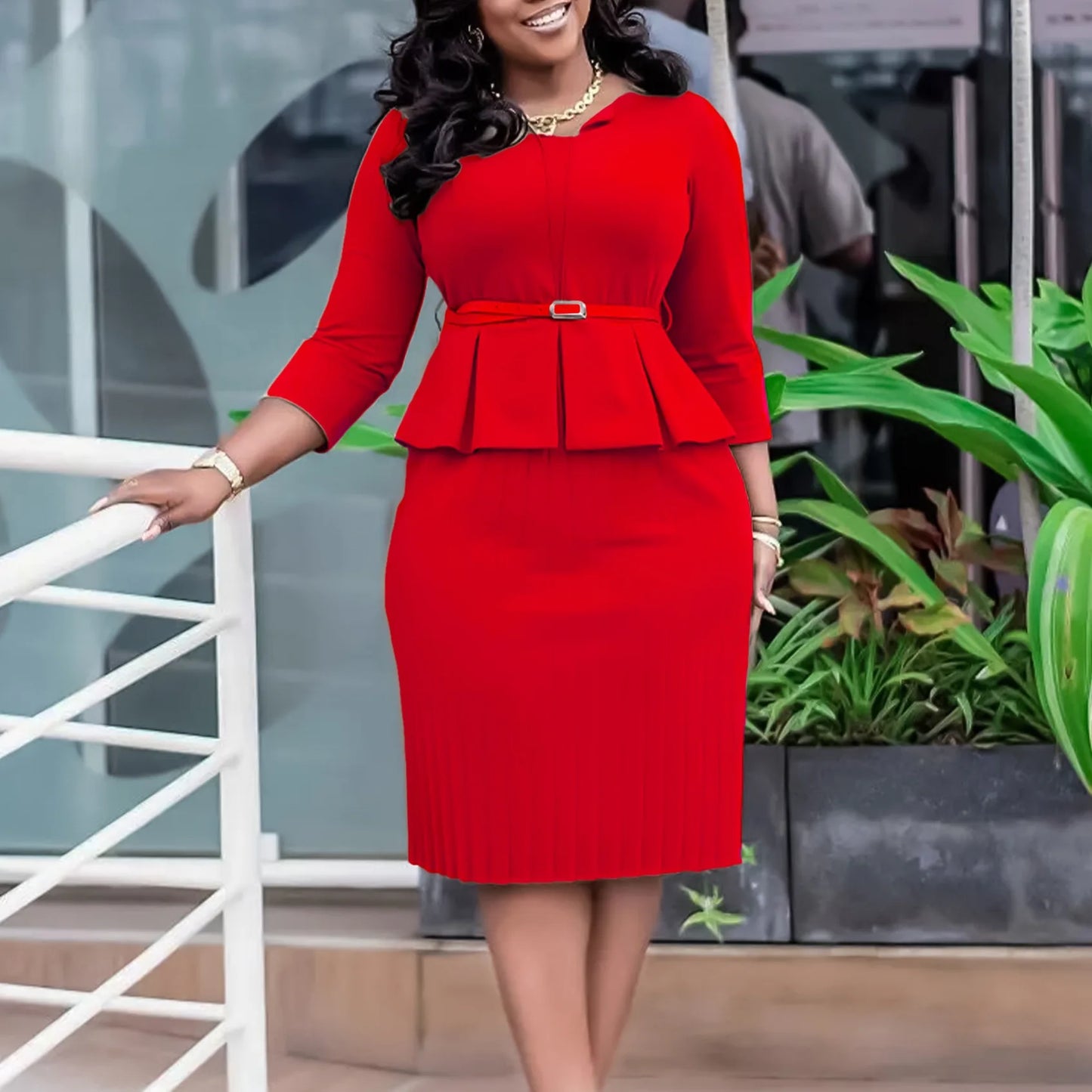 Office Dress - V Neck Belt Midi Professional 2024