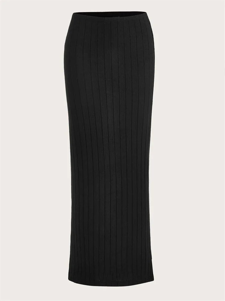 Ribbed Knit Pencil Skirt - High Waist Long