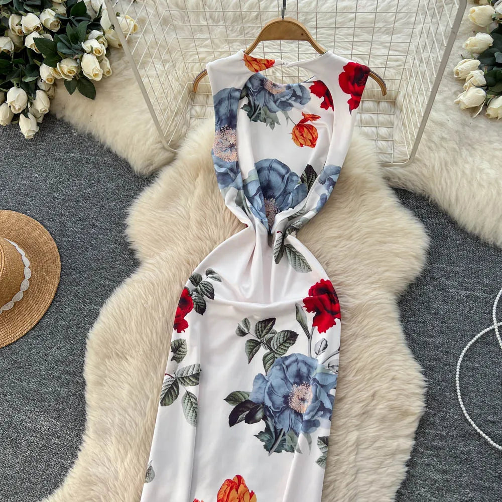 Pencil Dress - Vintage Print Sleeveless Spliced