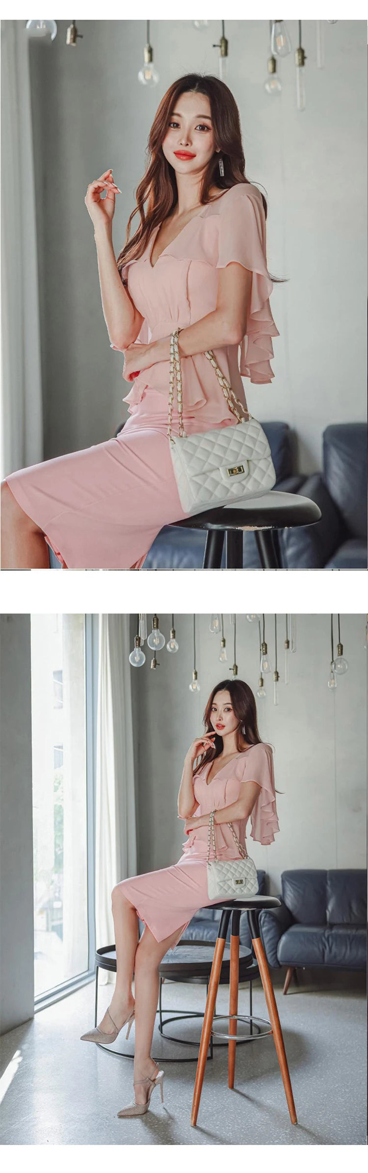 Pink Pencil Dress - Cloak V-Neck Midi Party