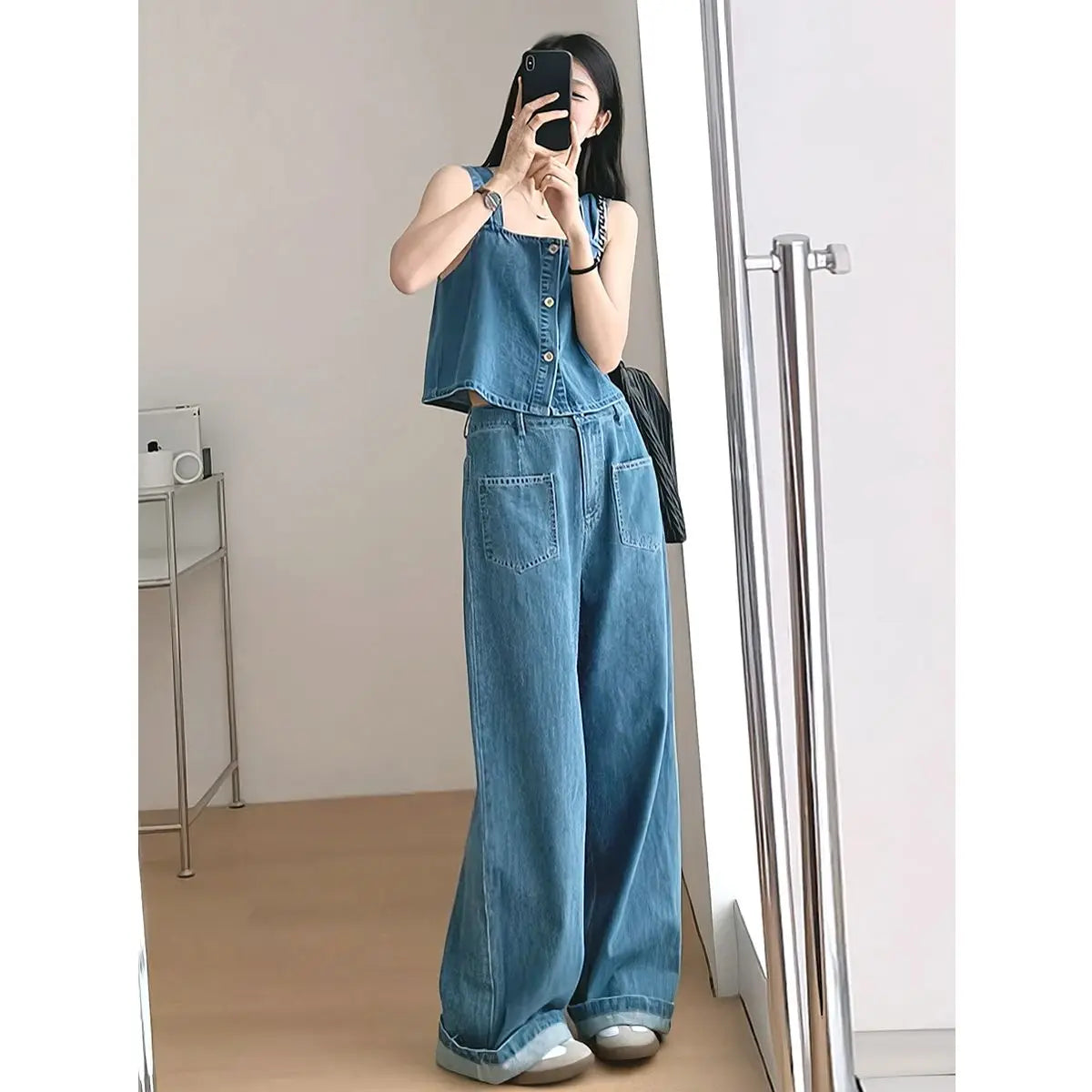 Denim Two Piece Set - Sleeveless Top & Wide Leg Pants