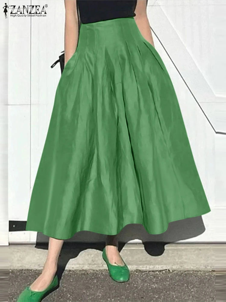 Pleated Midi Skirt - High Waist Solid Black