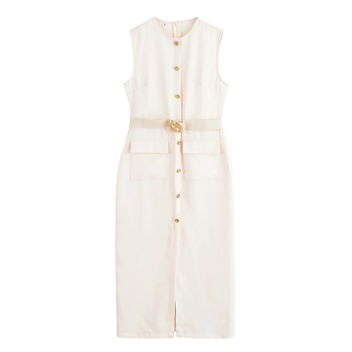 Office Midi Dress - Belt Button Sleeveless Black