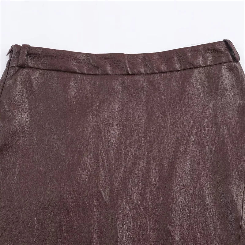 Falda Larga Faux Leather Marrón - Línea A Casual