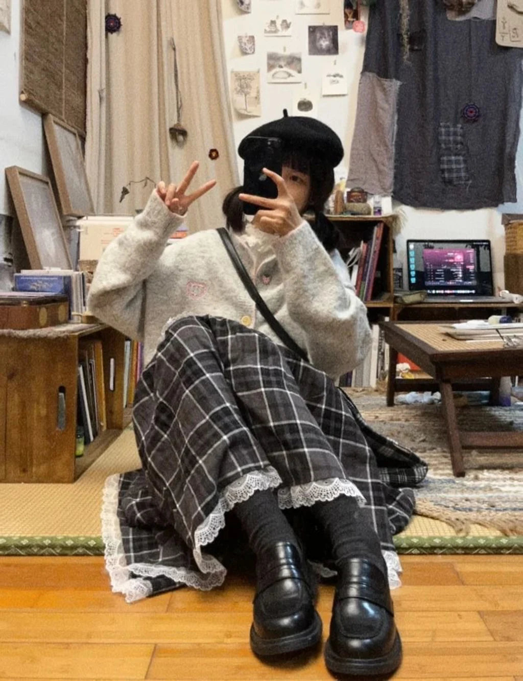 Patchwork Lace Long Skirt - High Waist Plaid Vintage