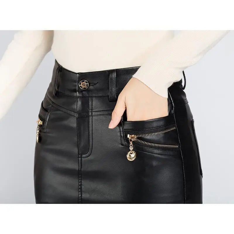 Simplee Sexy high waist PU leather skirt Autumn winter 2017 elegant zipper pocket short women skirt black mini skirt
