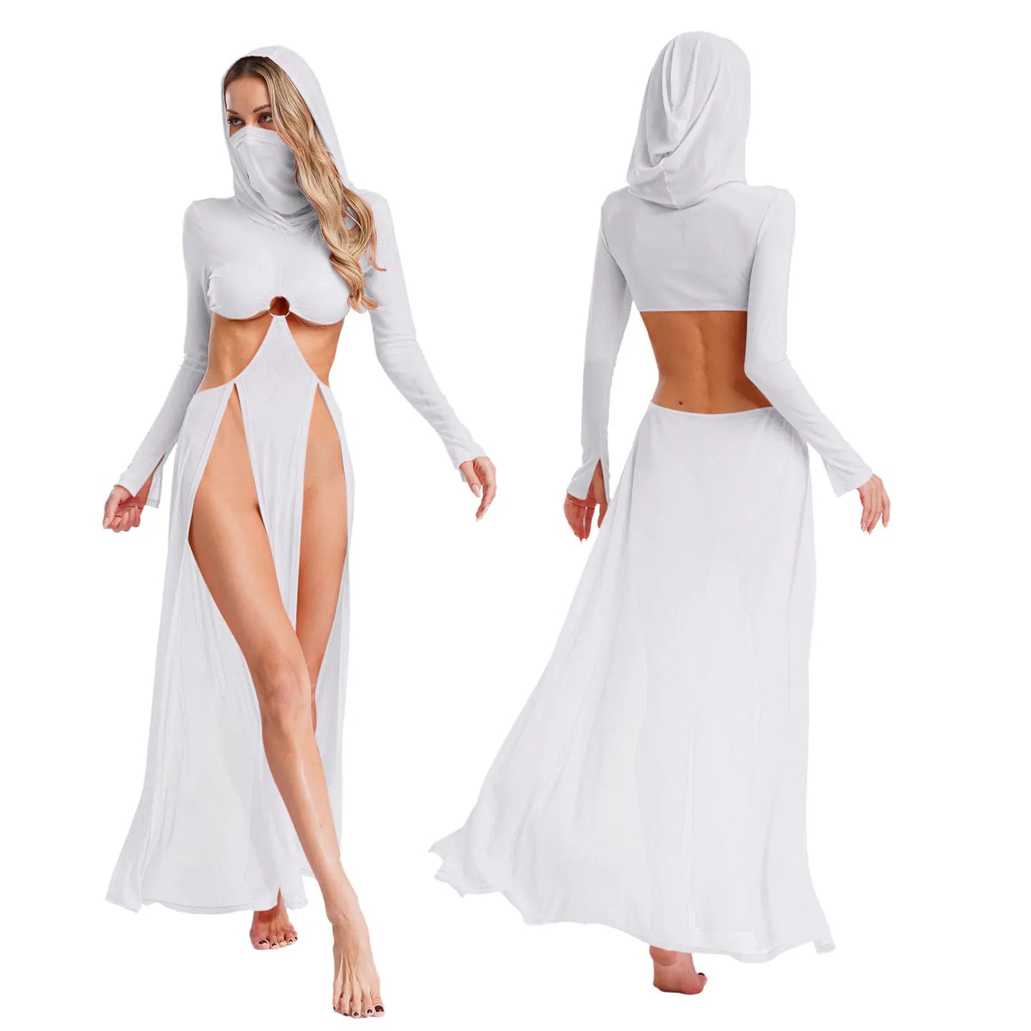 Sheer Maxi Dress - Hooded Face Mask High Slit