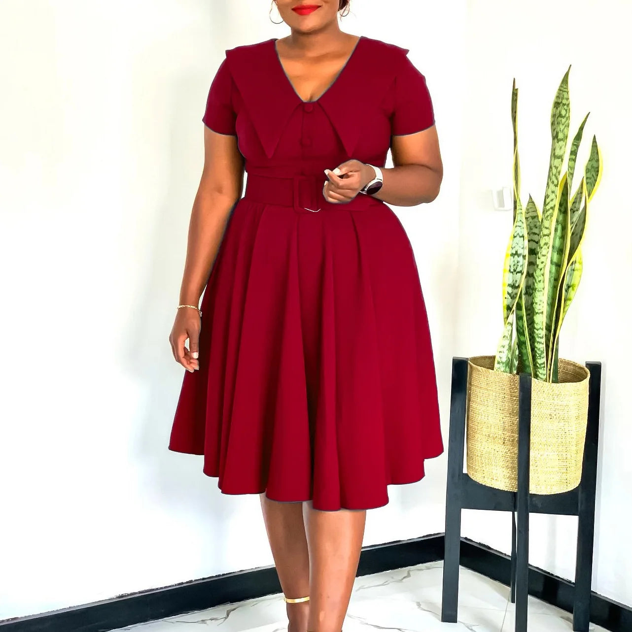 Office Dress - Turn Down Collar Pleated Midi