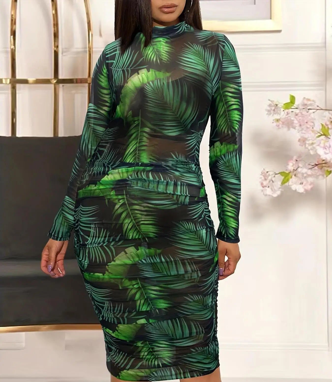 Pencil Dress - Turtleneck Patchwork Sheer Clubwear