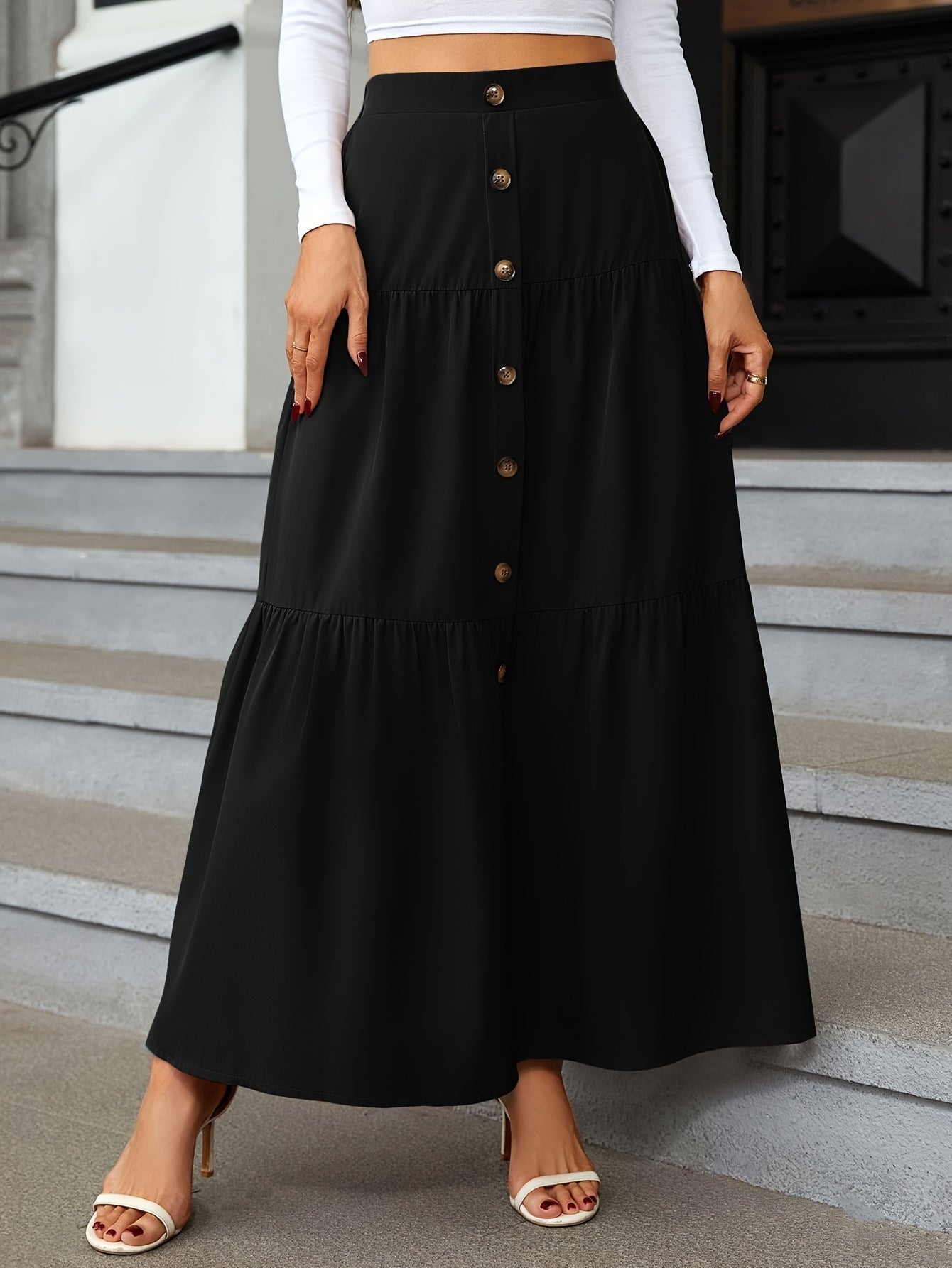 Tiered Maxi Skirt - High Waist Button Front