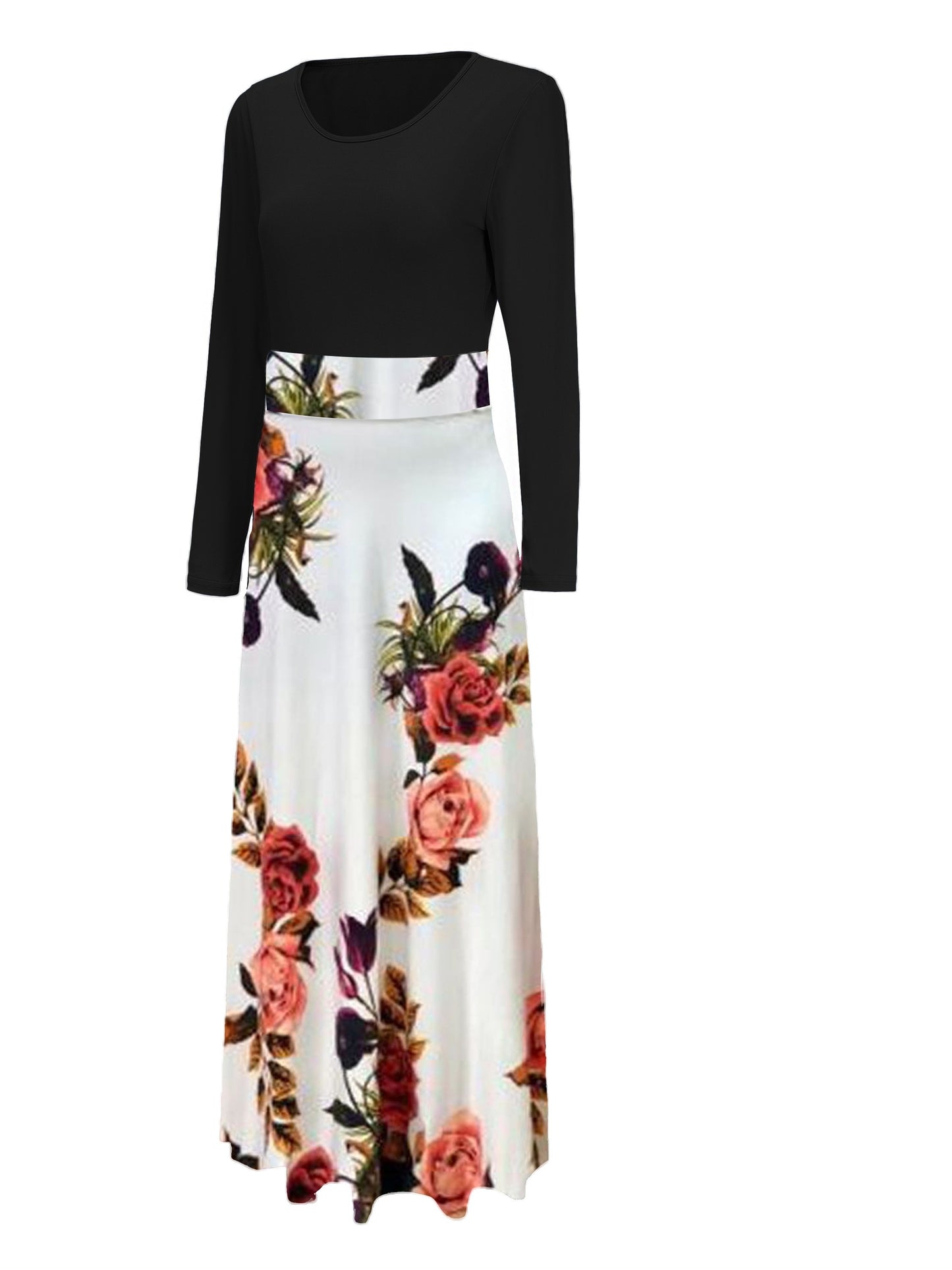 Vestido Maxi Estampado Floral y Rayas - Cintura Alta Manga Larga