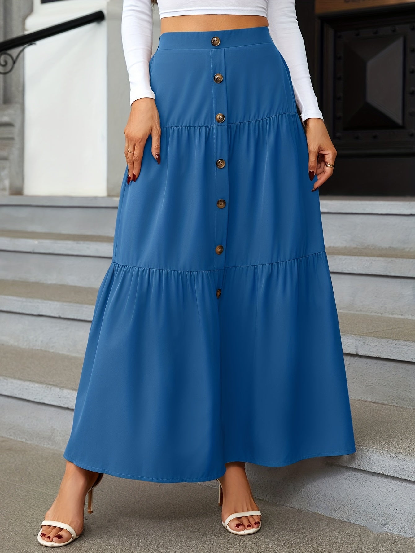 Tiered Maxi Skirt - High Waist Button Front