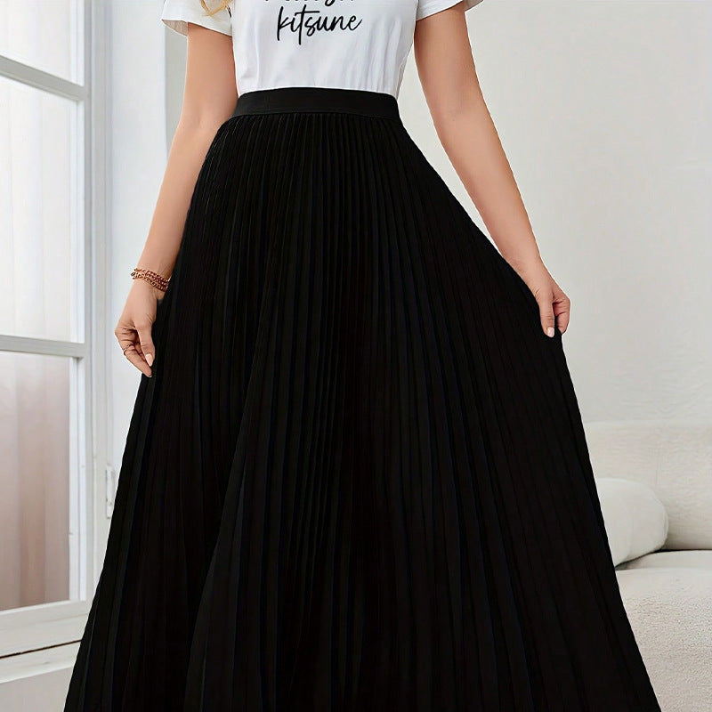 Falda Larga Plisada Negra Elegante Mujer