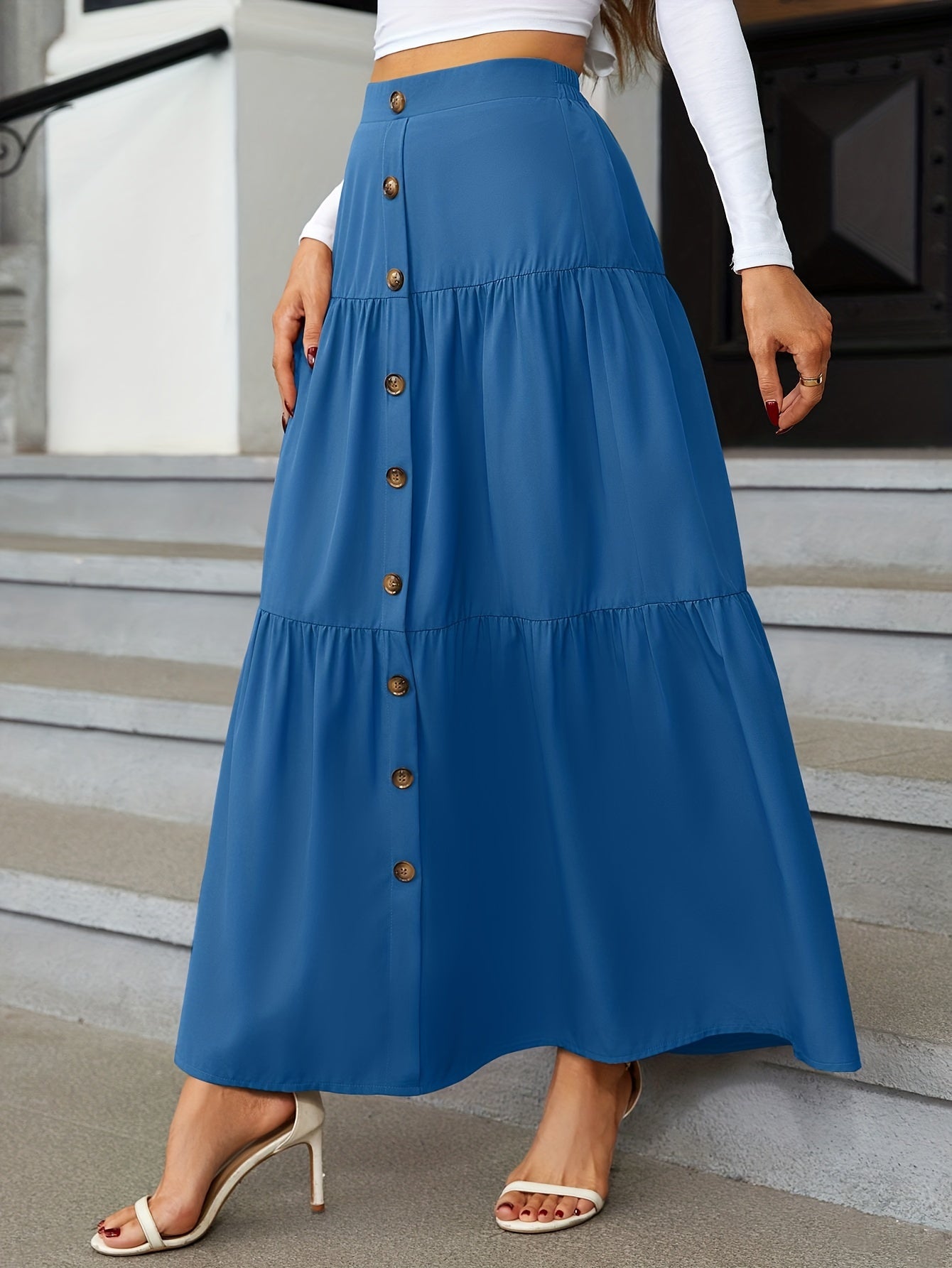Tiered Maxi Skirt - High Waist Button Front
