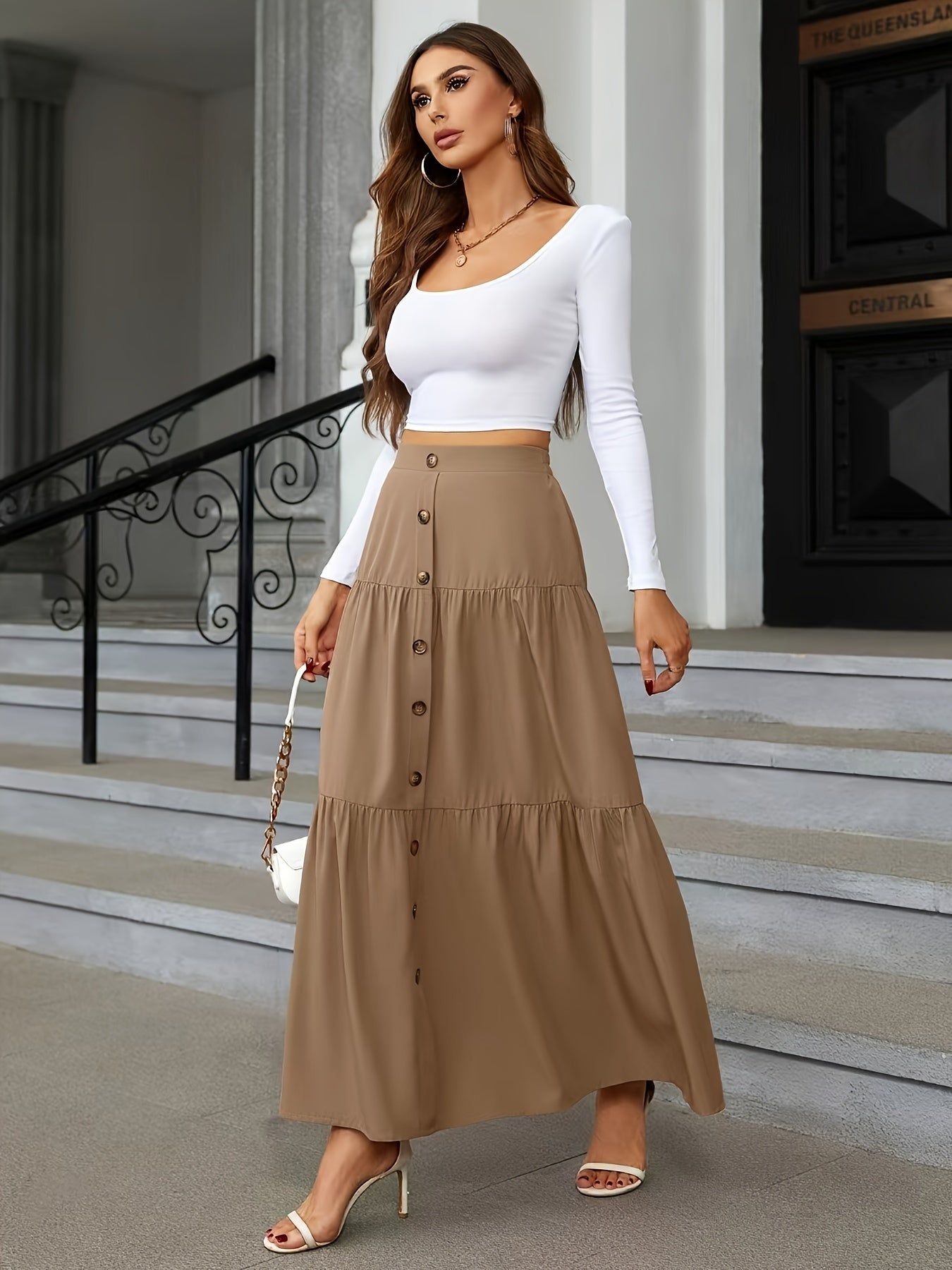 Tiered Maxi Skirt - High Waist Button Front