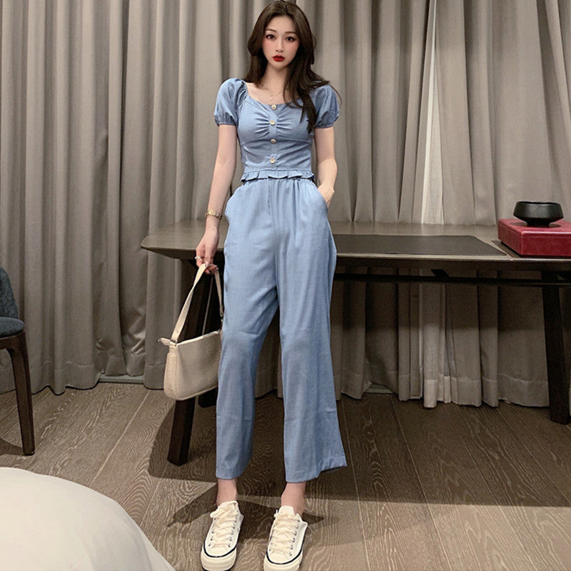 Jeans Dos Piezas Mujer Top Largo Pierna Ancha