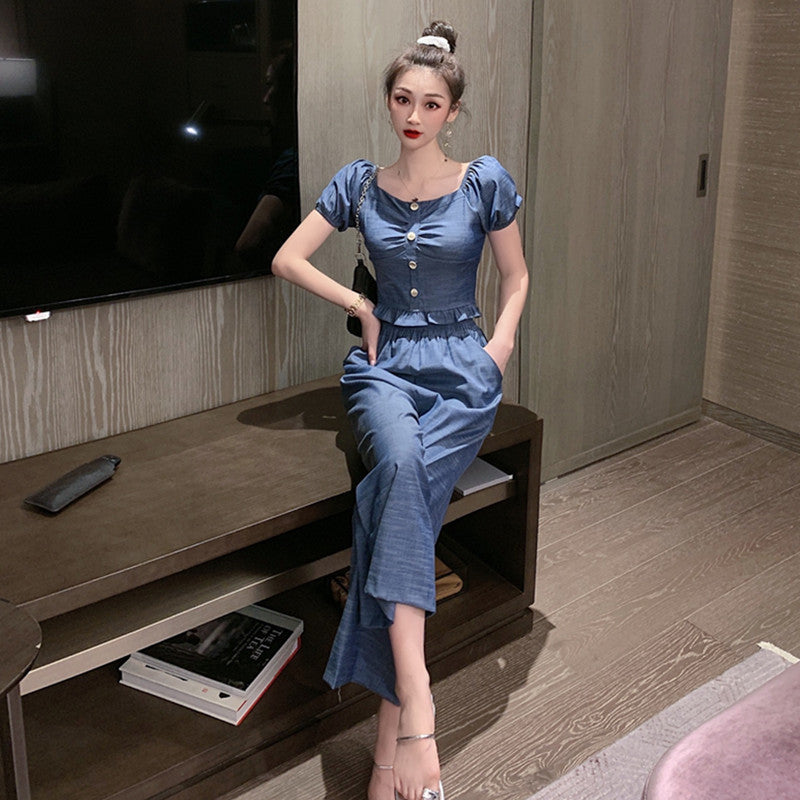 Jeans Dos Piezas Mujer Top Largo Pierna Ancha