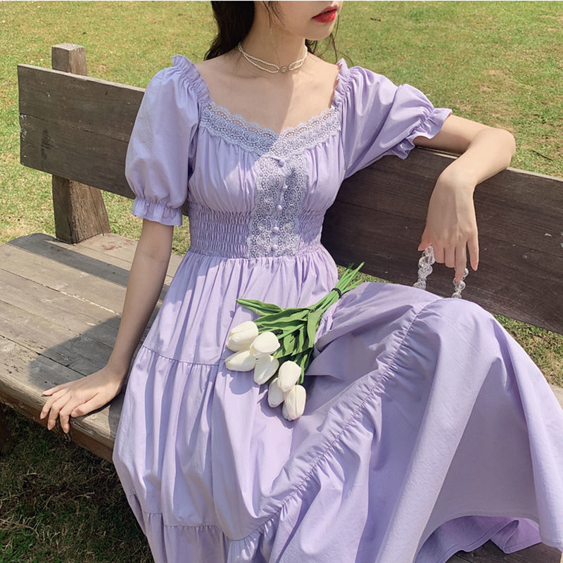 Vestido Midi Cuello Cuadrado Vintage - Estilo Francés Casual Vacaciones