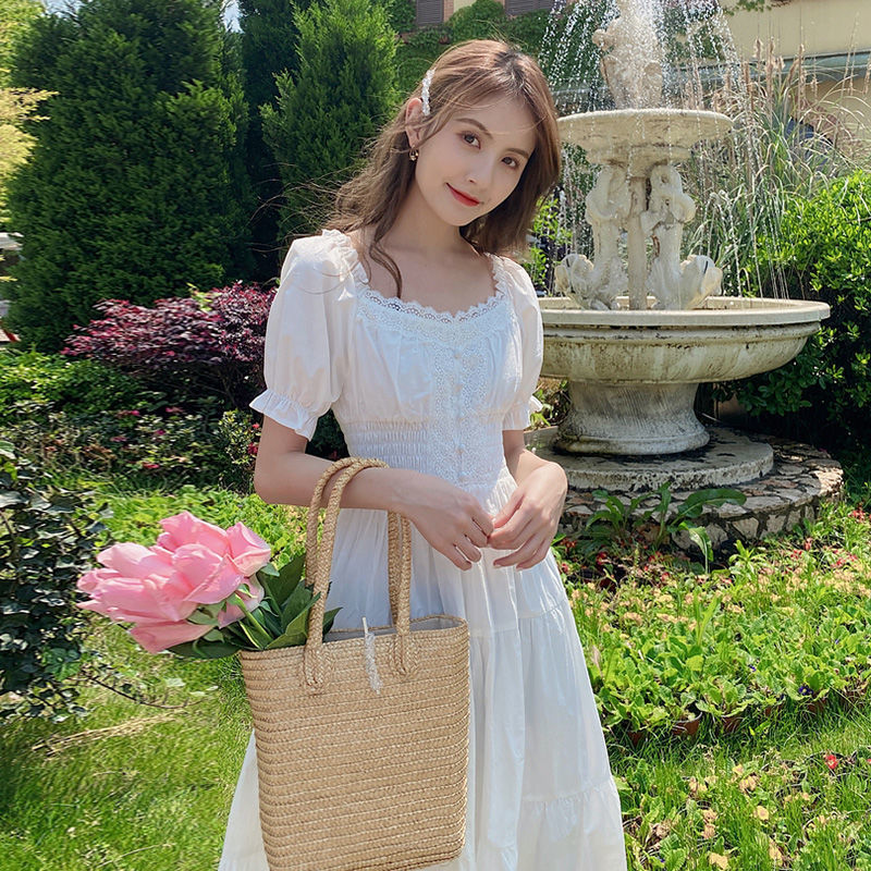 Vestido Midi Cuello Cuadrado Vintage - Estilo Francés Casual Vacaciones