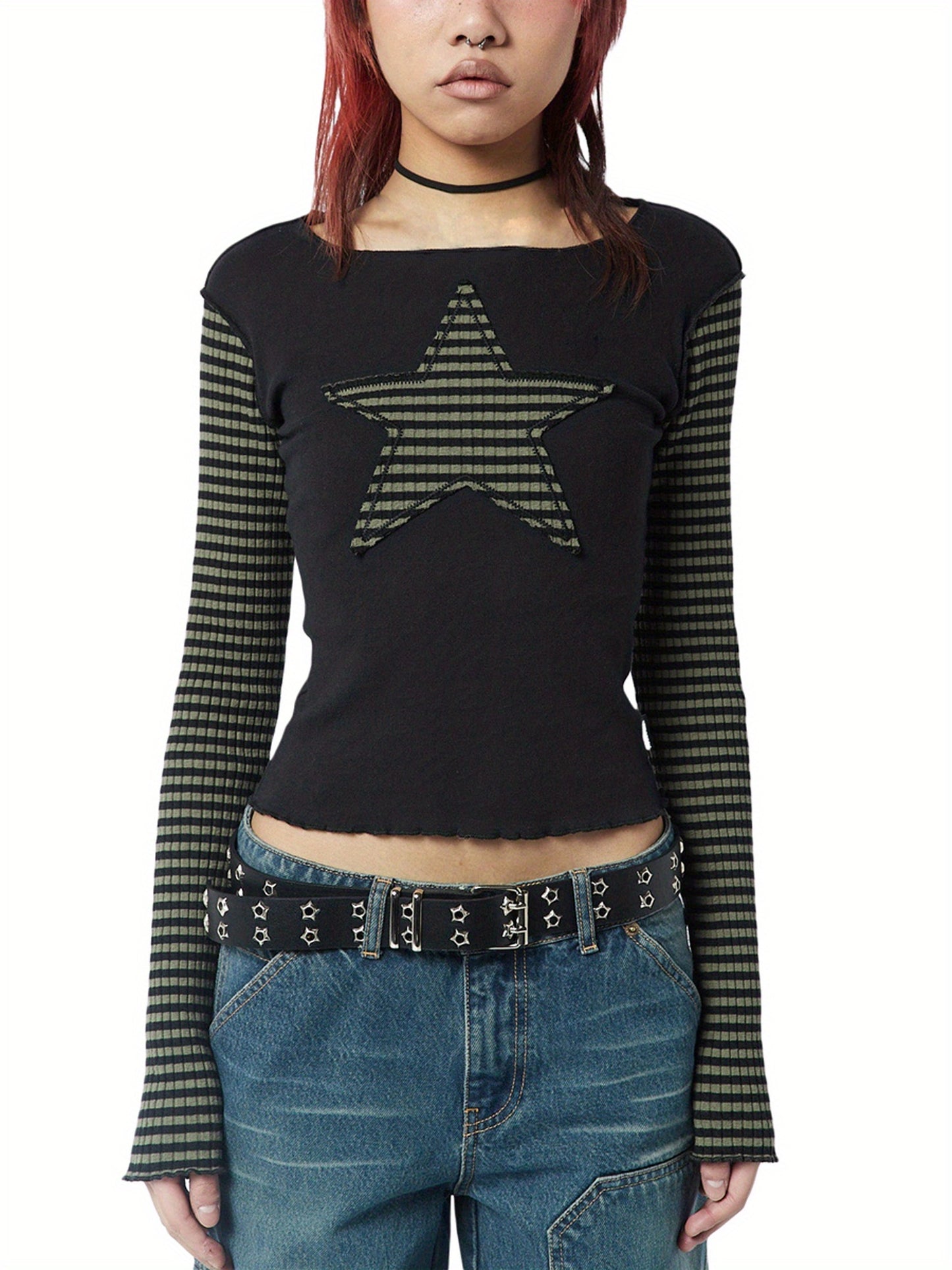 Star Stripes T-Shirt - Long Sleeve Round Neck