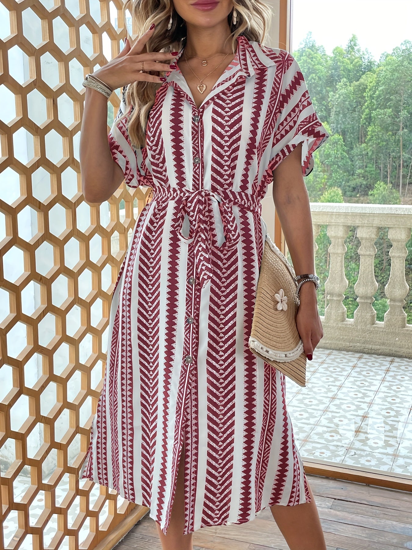 Vestido Midi Estampado Étnico - Manga Mariposa Abertura