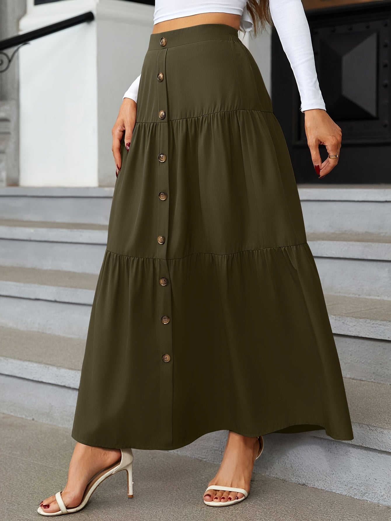Tiered Maxi Skirt - High Waist Button Front