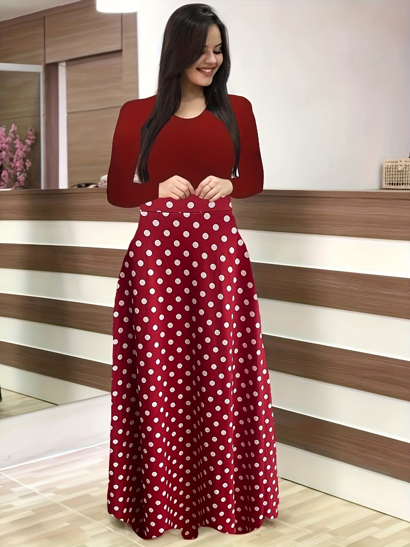 Vestido Maxi Diseño Variado Cintura Alta - Manga Larga Elegante