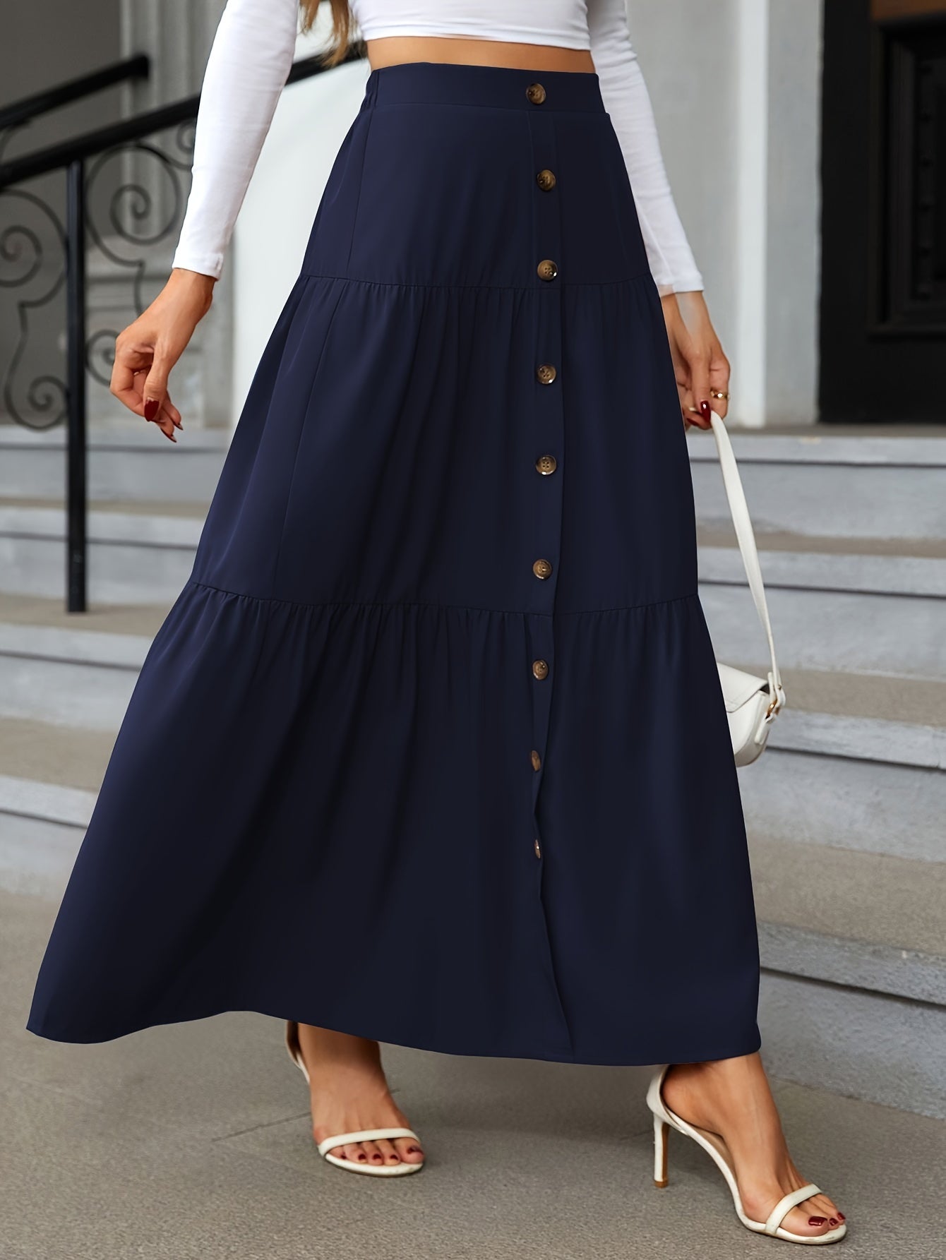 Tiered Maxi Skirt - High Waist Button Front
