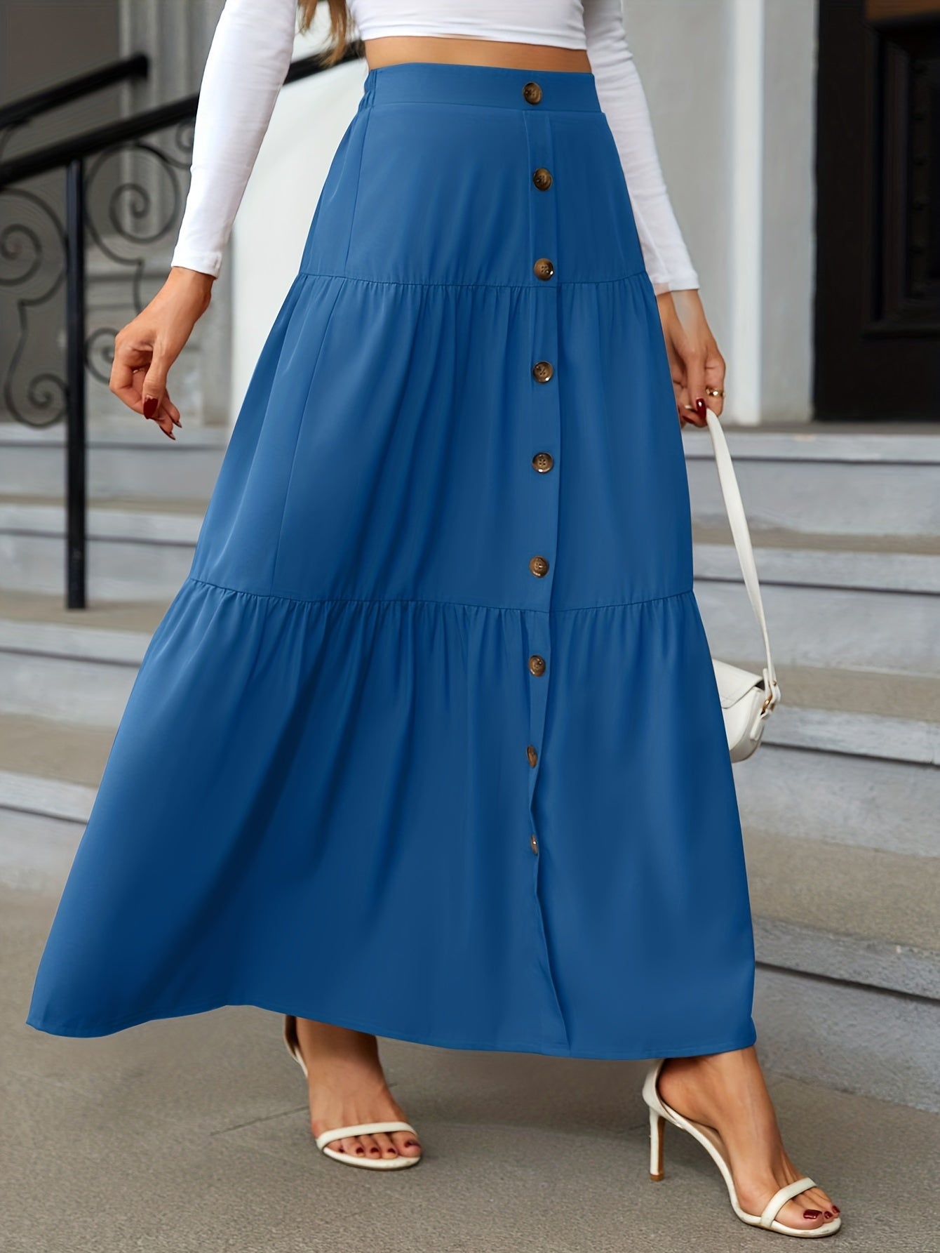 Tiered Maxi Skirt - High Waist Button Front