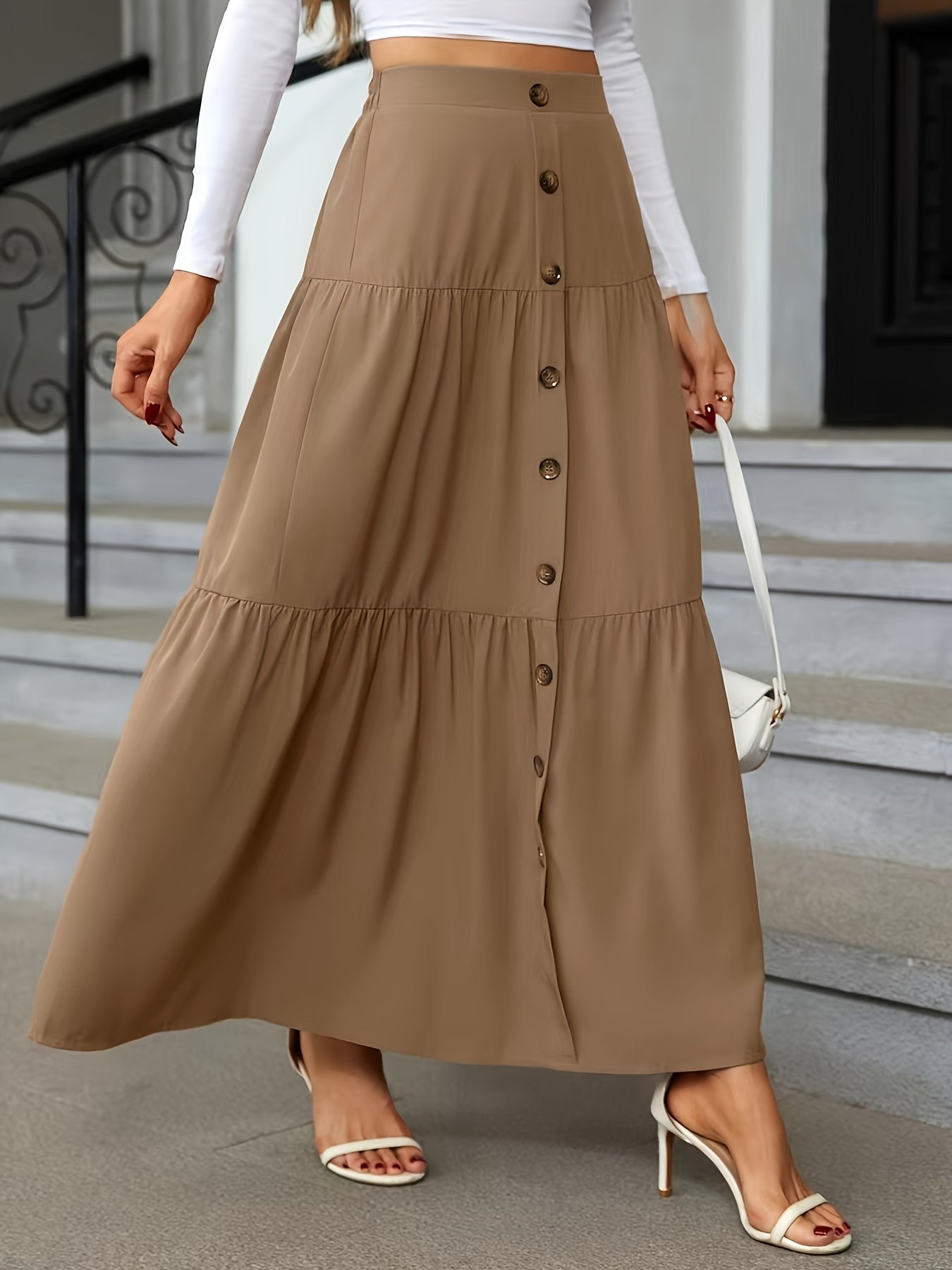 Tiered Maxi Skirt - High Waist Button Front