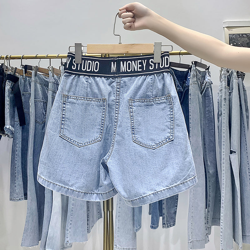 Short de Jeans Bordado Tiro Alto Pierna Ancha Mujer