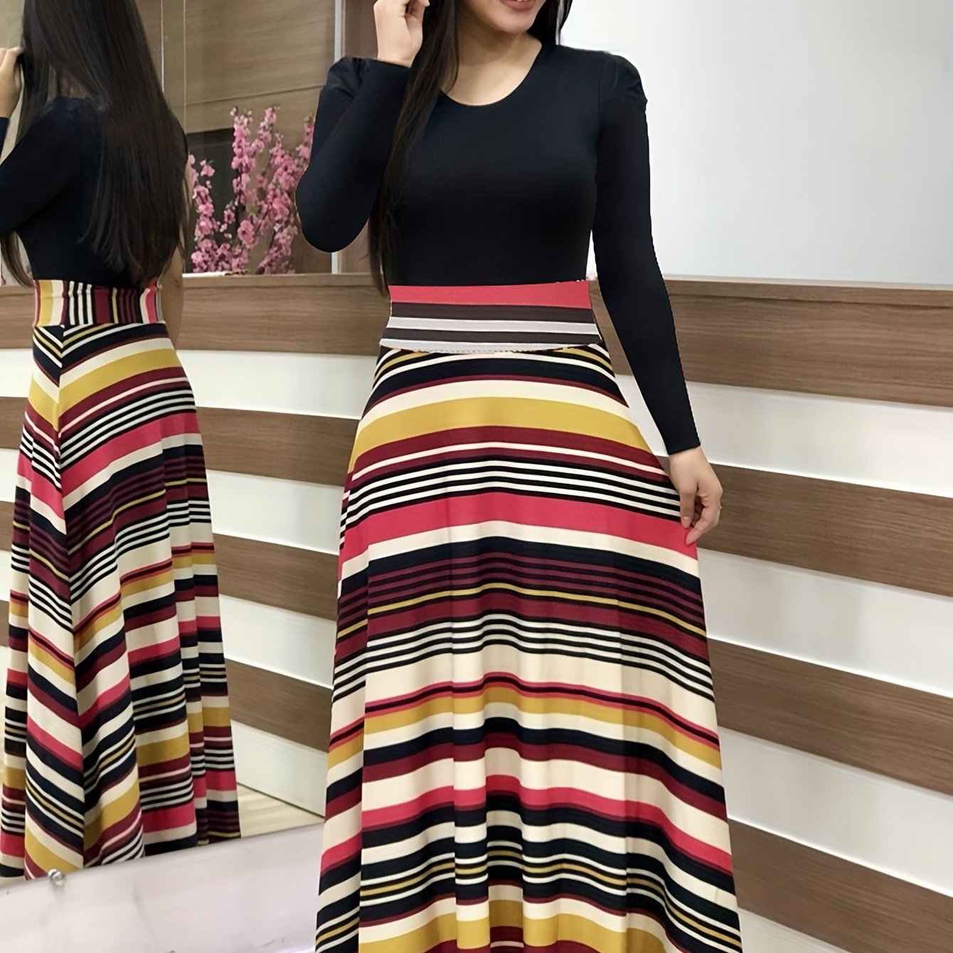 Vestido Maxi Estampado Floral y Rayas - Cintura Alta Manga Larga