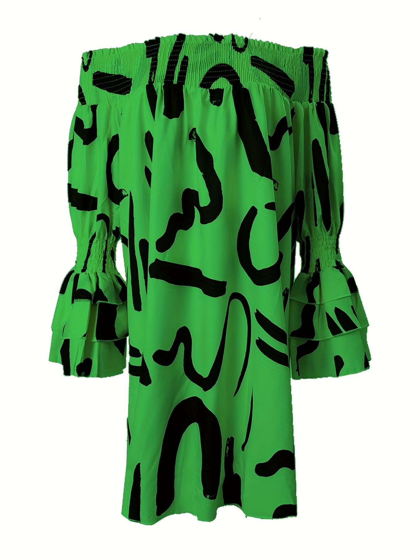 Vestido Hombros Descubiertos Estampado - Manga Larga Suelto