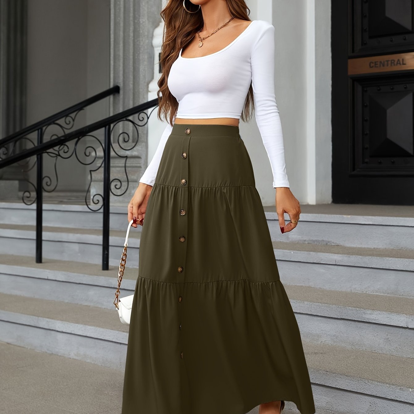 Tiered Maxi Skirt - High Waist Button Front