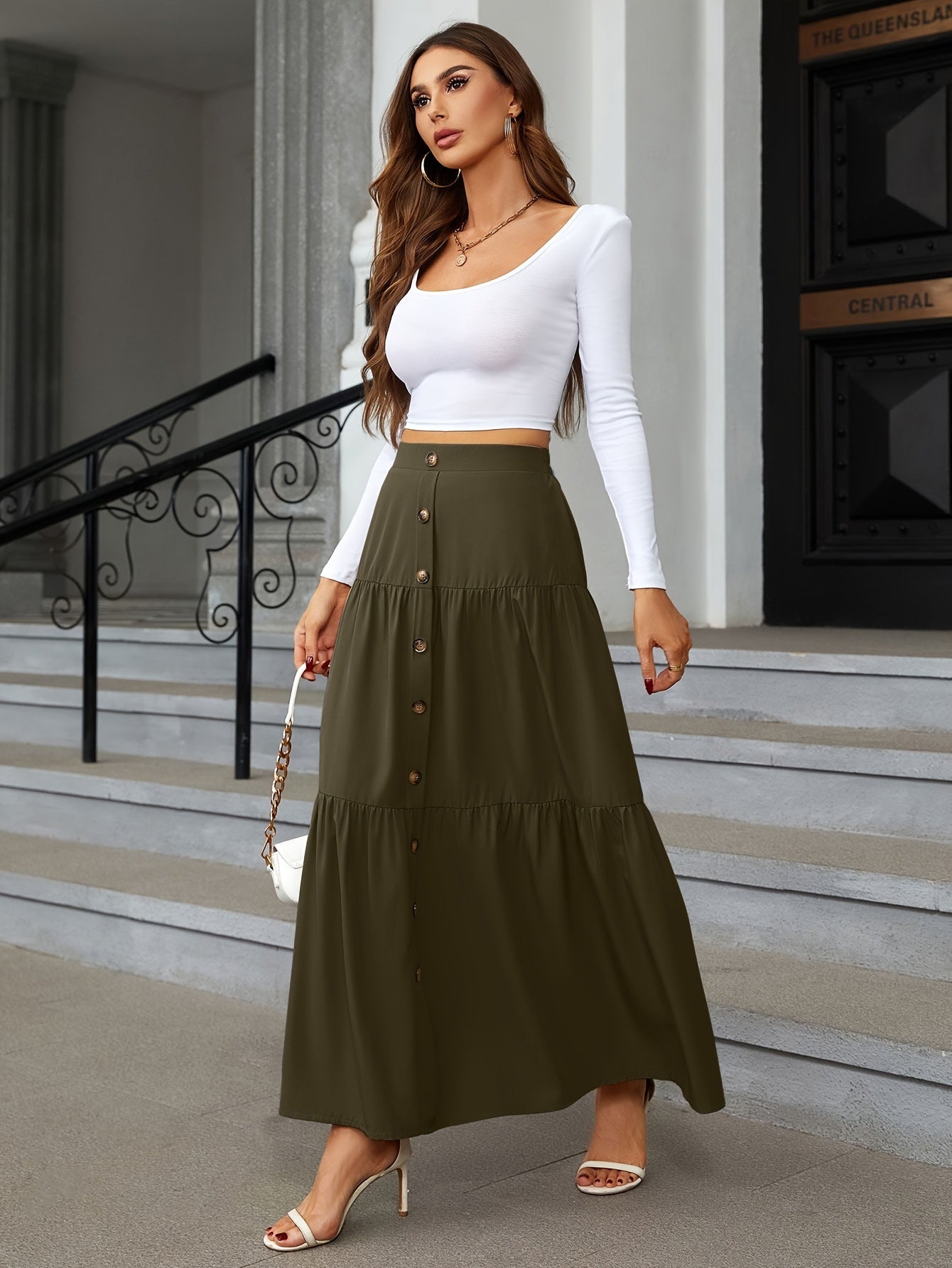 Tiered Maxi Skirt - High Waist Button Front
