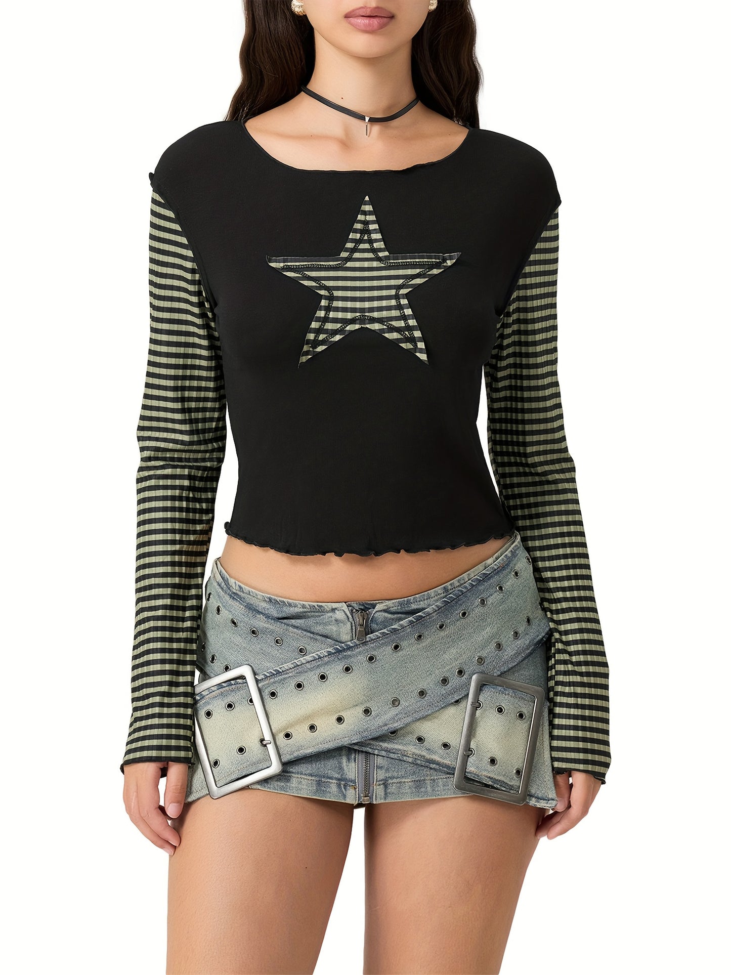 Star Stripes T-Shirt - Long Sleeve Round Neck