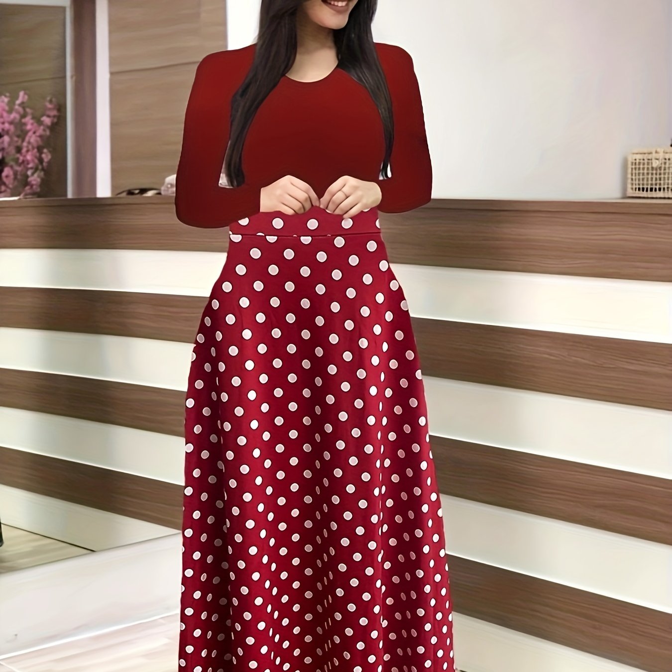 Vestido Maxi Diseño Variado Cintura Alta - Manga Larga Elegante