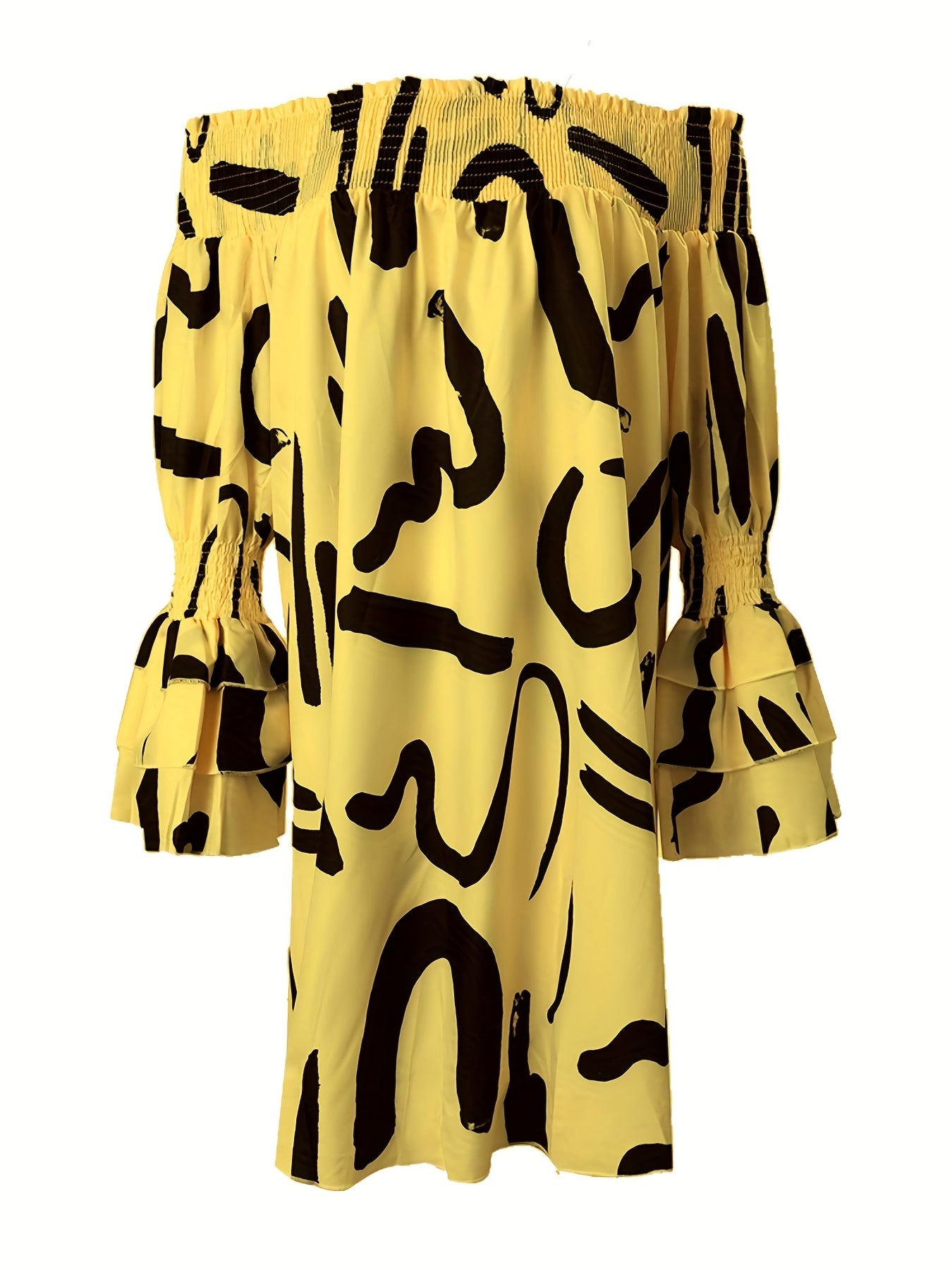 Vestido Hombros Descubiertos Estampado - Manga Larga Suelto