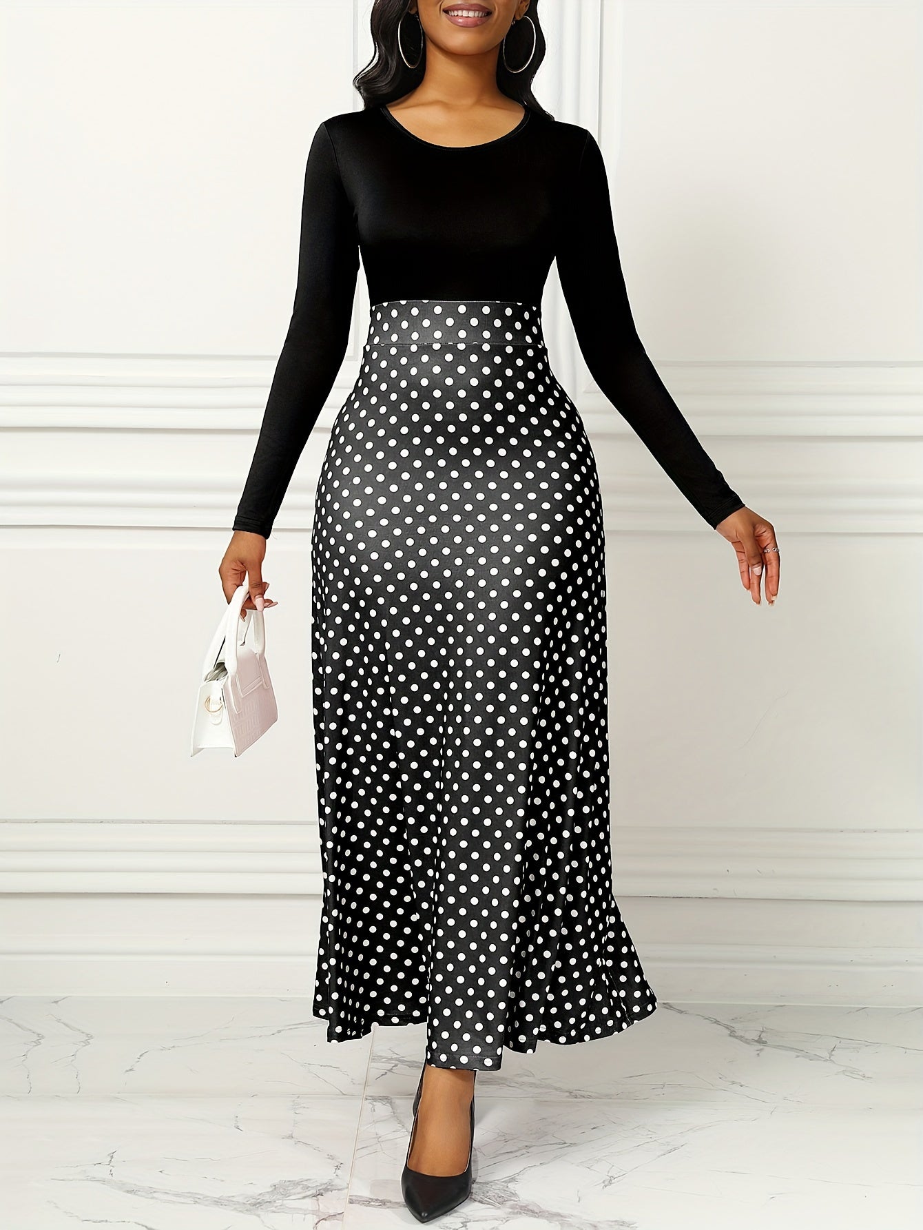 Vestido Maxi Diseño Variado Cintura Alta - Manga Larga Elegante