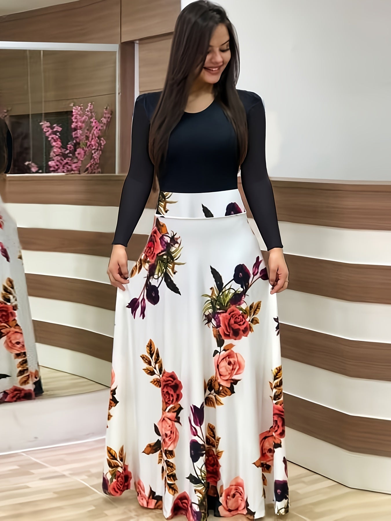 Vestido Maxi Estampado Floral y Rayas - Cintura Alta Manga Larga