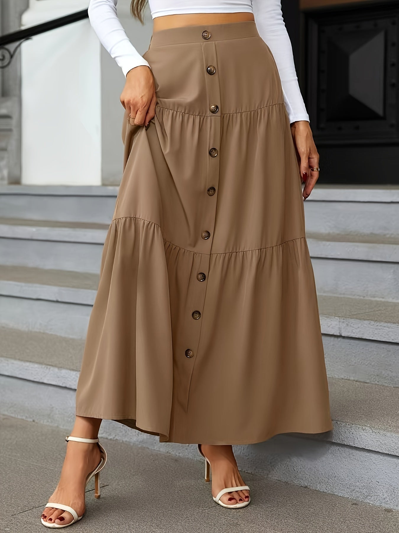 Tiered Maxi Skirt - High Waist Button Front