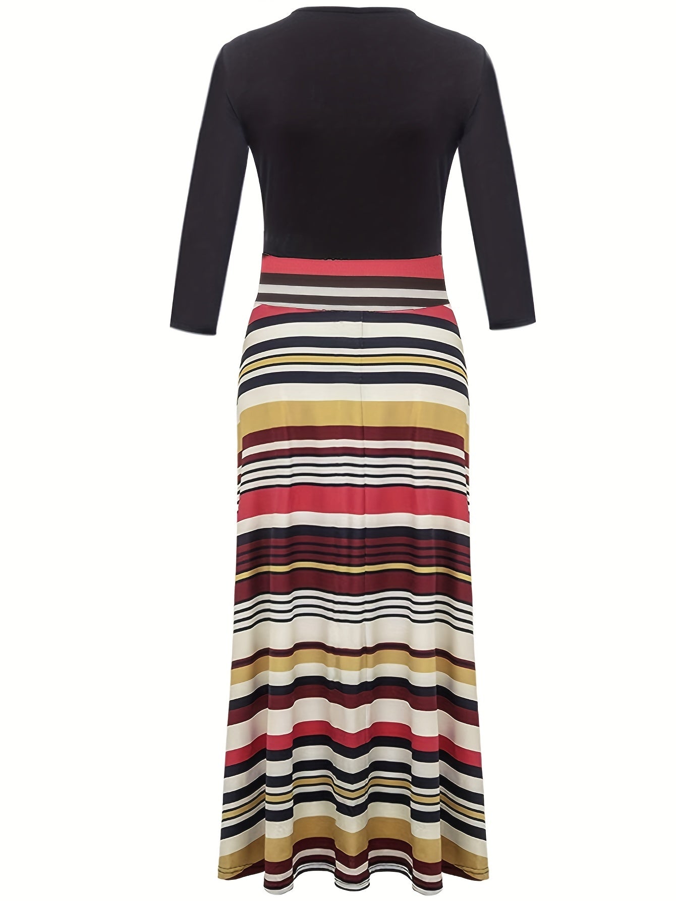 Vestido Maxi Estampado Floral y Rayas - Cintura Alta Manga Larga