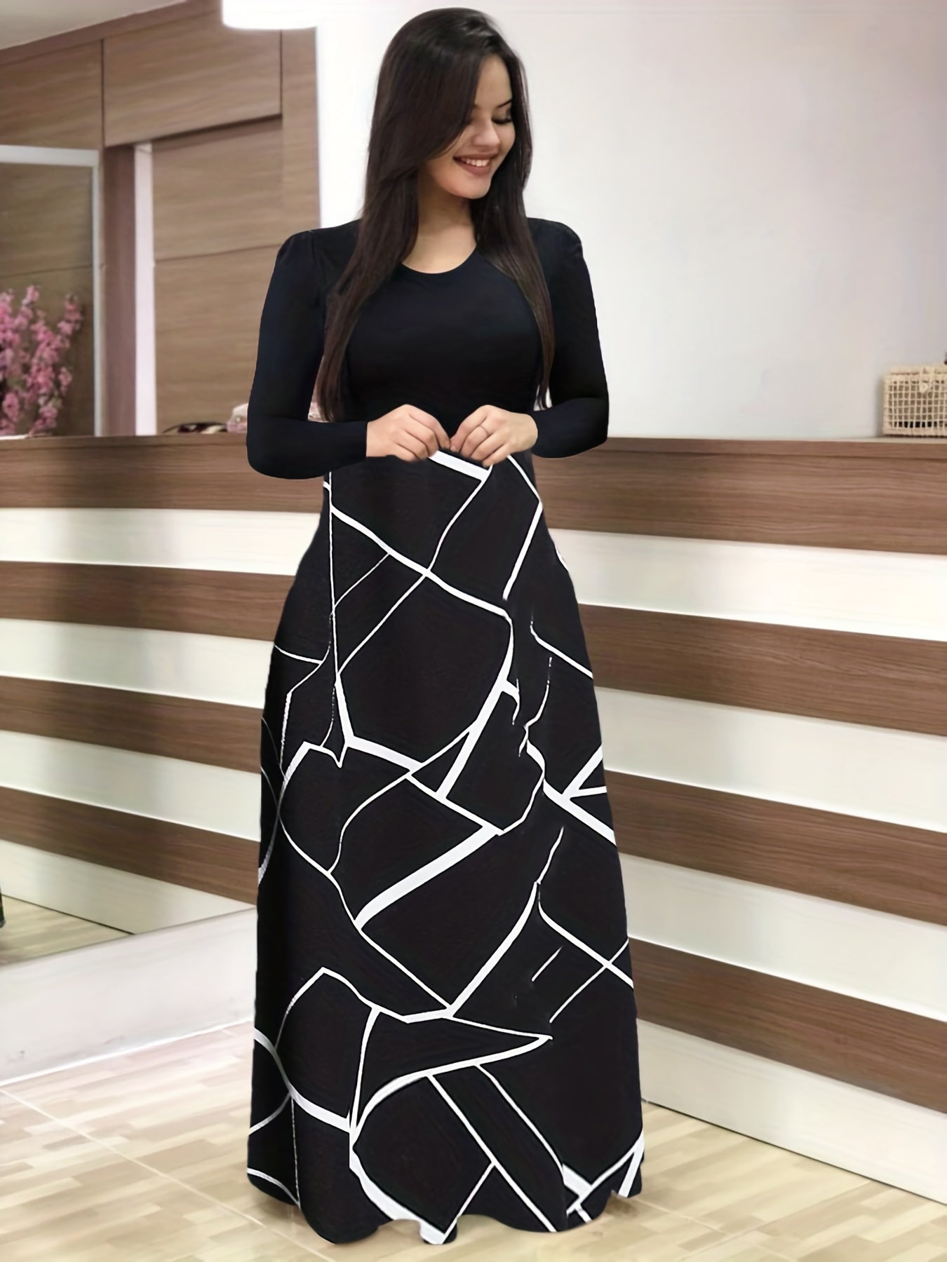 Vestido Maxi Diseño Variado Cintura Alta - Manga Larga Elegante