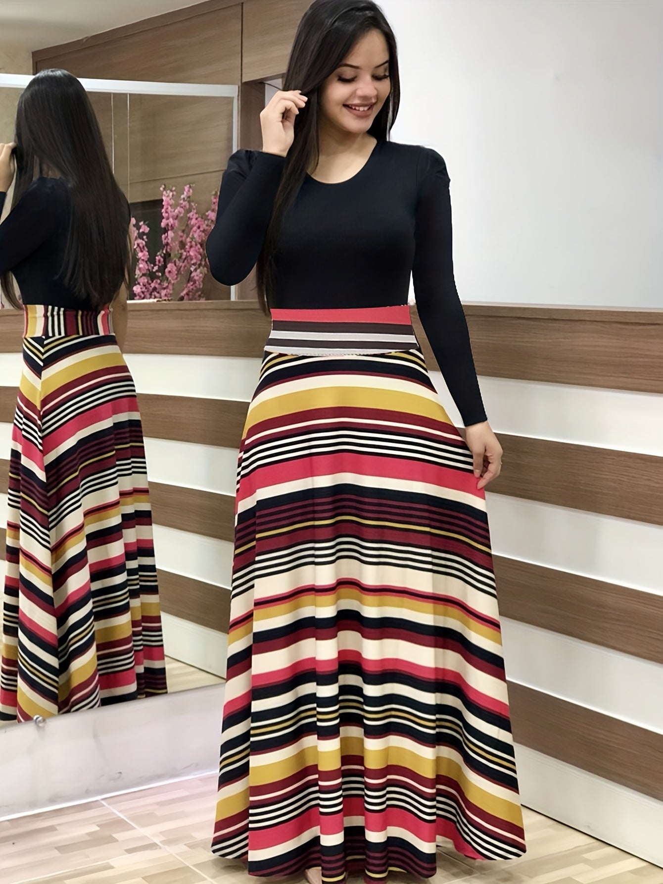 Vestido Maxi Estampado Floral y Rayas - Cintura Alta Manga Larga