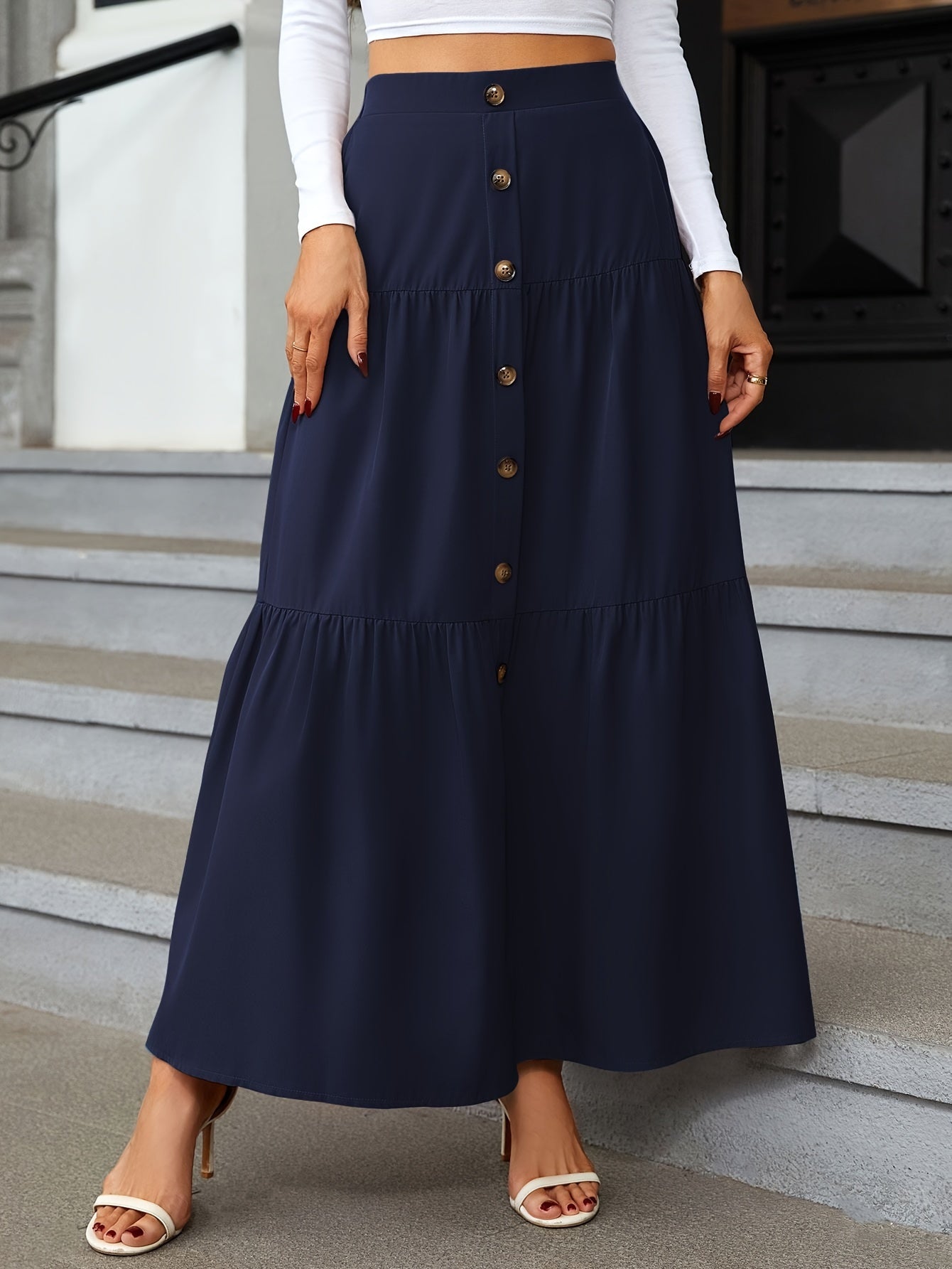Tiered Maxi Skirt - High Waist Button Front